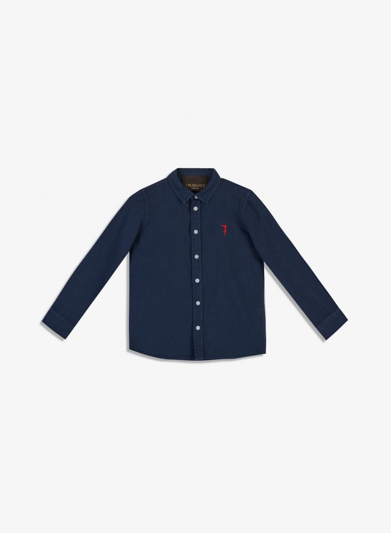 immagine 0 di Trussardi camicia blu delavè con logo ricamato in misto lino