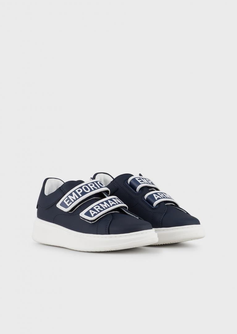 immagine 0 di Sneakers in pelle blu  con doppio velcro e logo