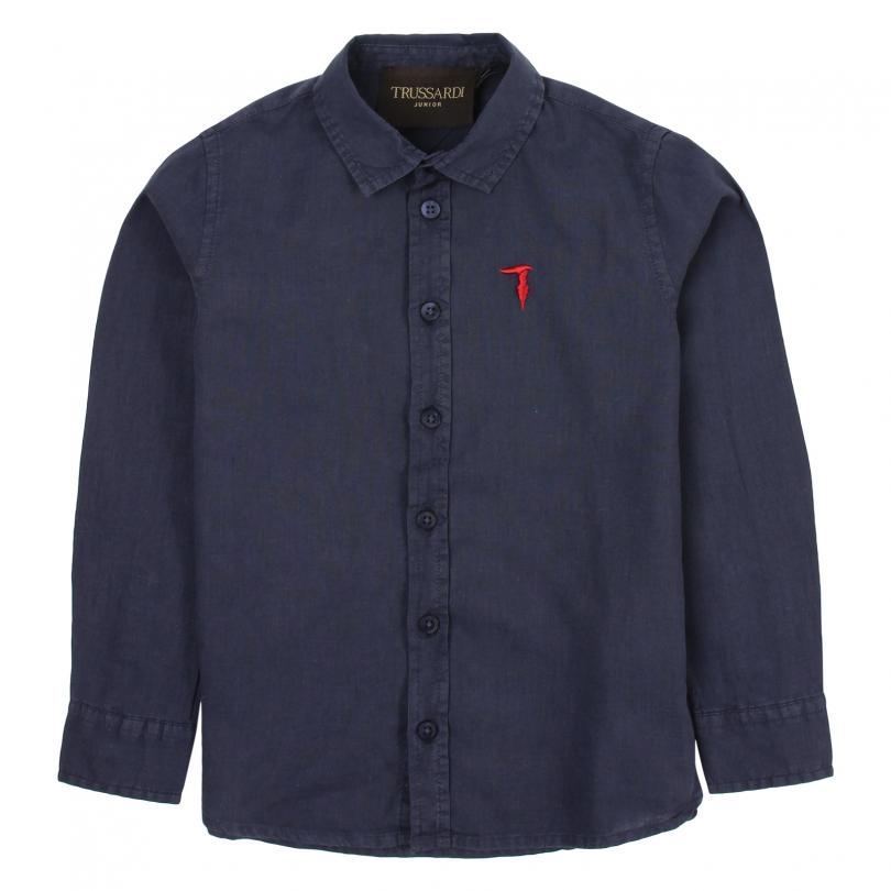 immagine 0 di Trussardi camicia blu delavè con logo ricamato in misto lino